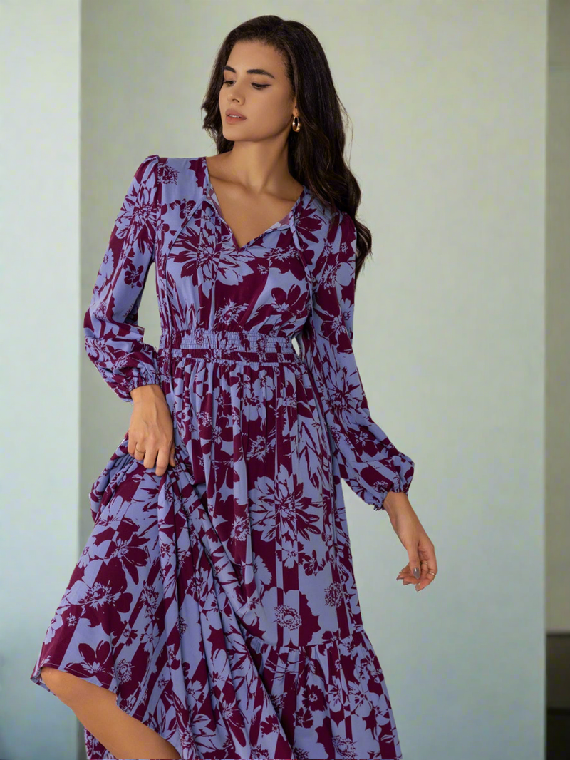 Printed Tie Neck Balloon Sleeve Maxi Dress