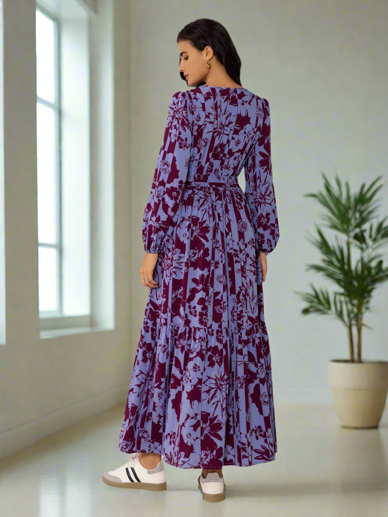 Printed Tie Neck Balloon Sleeve Maxi Dress