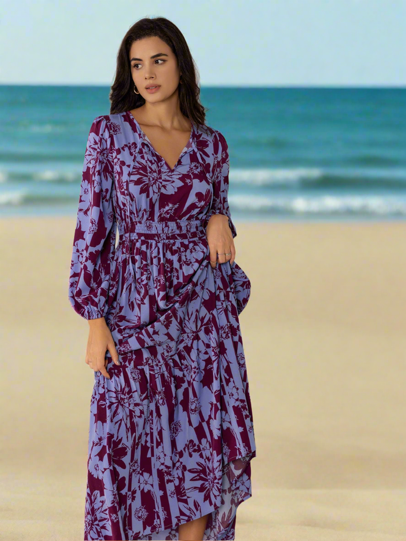 Printed Tie Neck Balloon Sleeve Maxi Dress