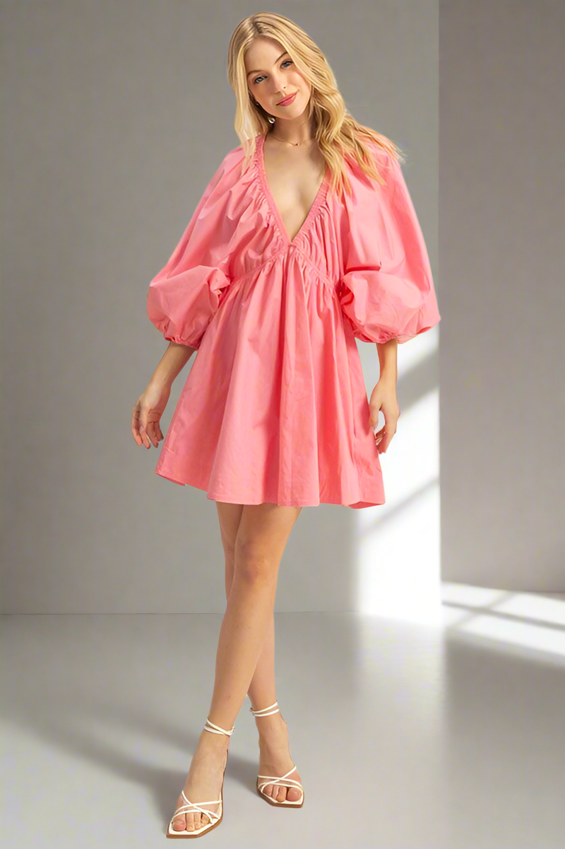 HYFVE Plunge Balloon Sleeve Poplin Mini Dress with Pockets