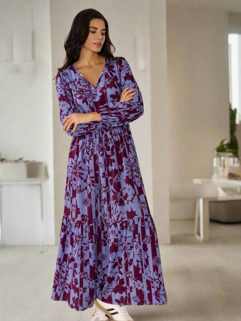 Printed Tie Neck Balloon Sleeve Maxi Dress