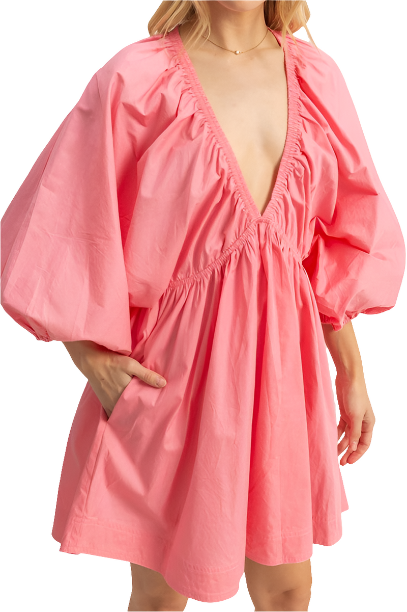 HYFVE Plunge Balloon Sleeve Poplin Mini Dress with Pockets
