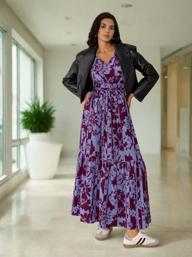 Printed Tie Neck Balloon Sleeve Maxi Dress