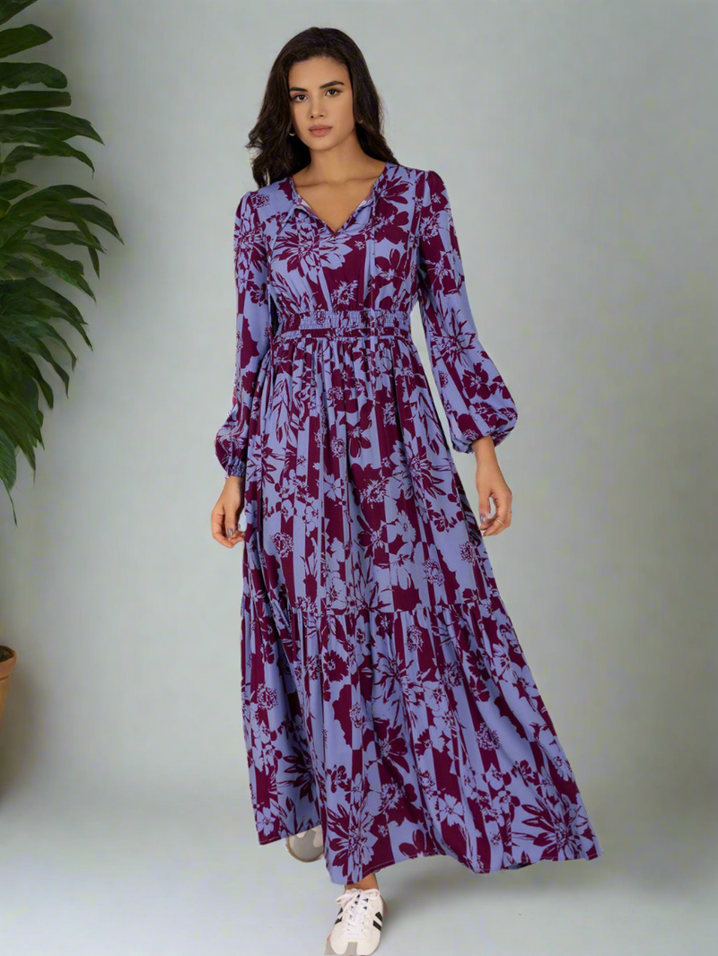 Printed Tie Neck Balloon Sleeve Maxi Dress