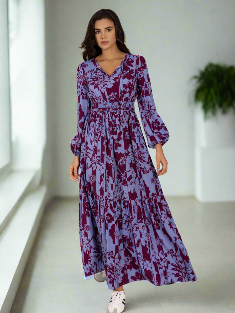 Printed Tie Neck Balloon Sleeve Maxi Dress