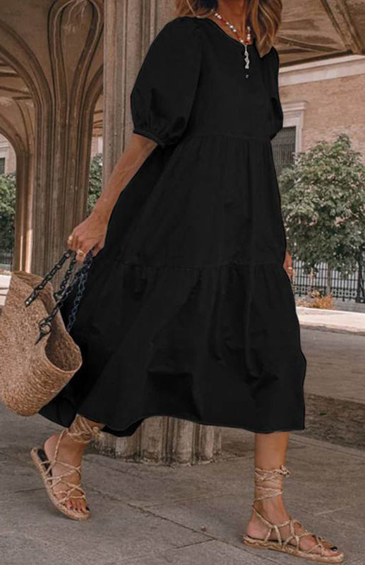 Linen Blend Round Neck Puff Sleeve Babydoll Midi Dress