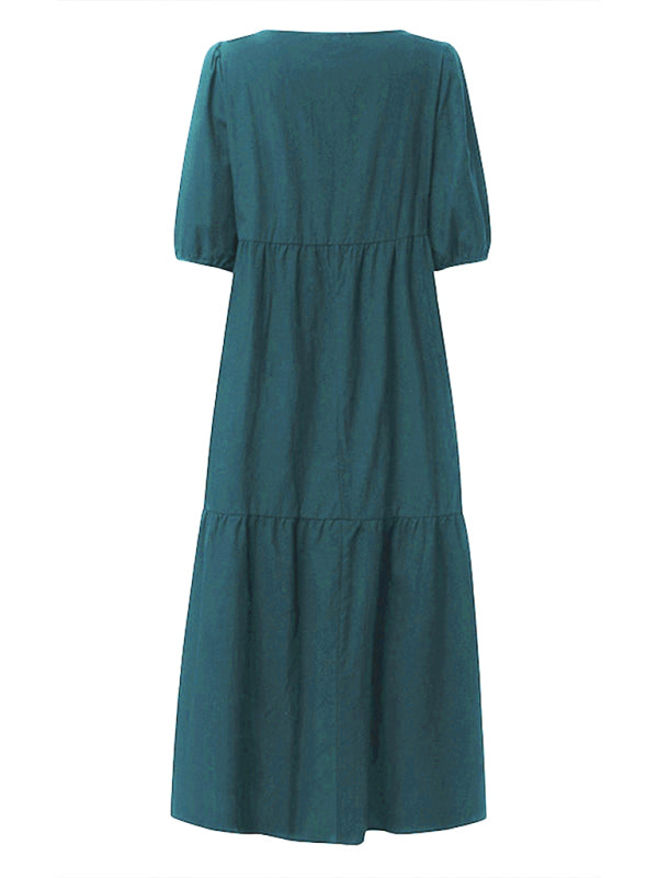Linen Blend Round Neck Puff Sleeve Babydoll Midi Dress