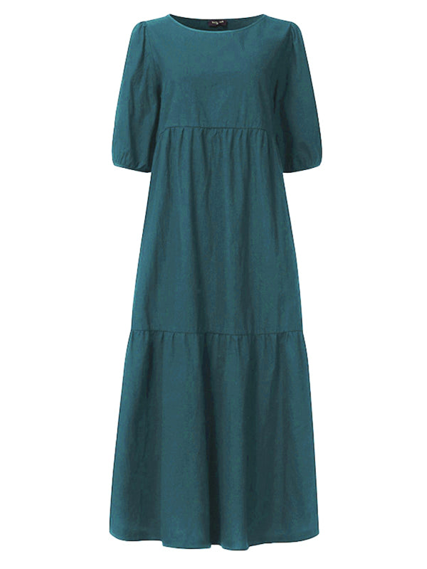 Linen Blend Round Neck Puff Sleeve Babydoll Midi Dress