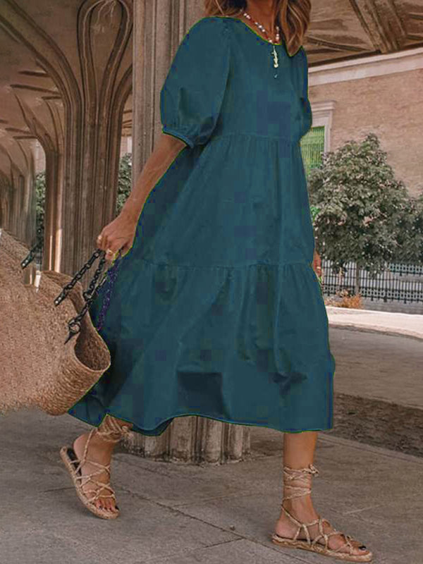 Linen Blend Round Neck Puff Sleeve Babydoll Midi Dress
