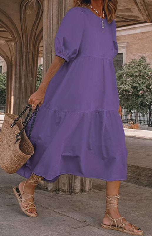 Linen Blend Round Neck Puff Sleeve Babydoll Midi Dress