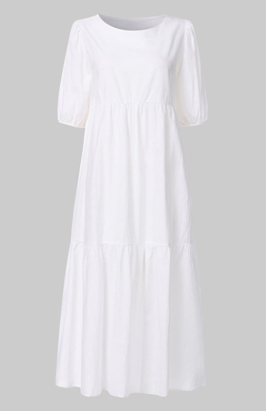 Linen Blend Round Neck Puff Sleeve Babydoll Midi Dress