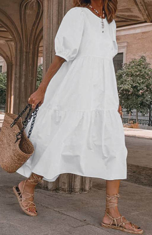 Linen Blend Round Neck Puff Sleeve Babydoll Midi Dress