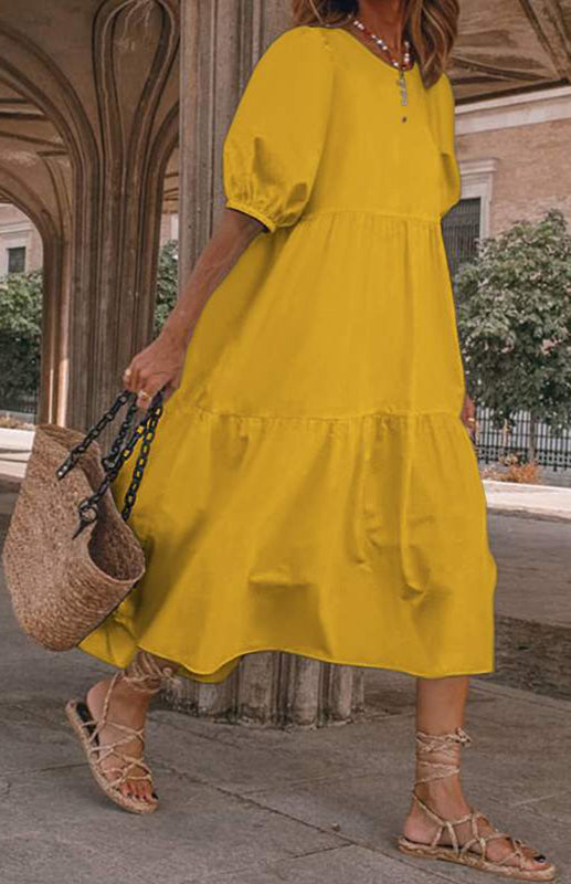 Linen Blend Round Neck Puff Sleeve Babydoll Midi Dress