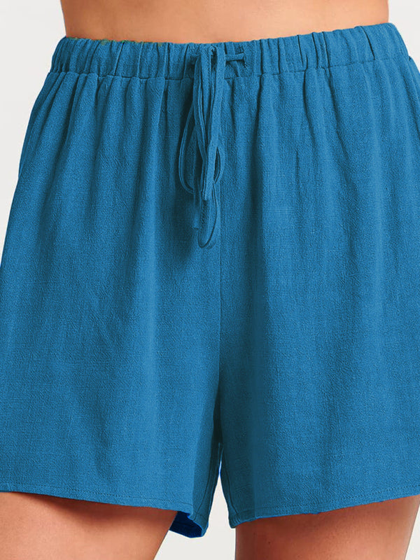 Women's woven solid color sleeveless loose cotton linen top shorts two-piece set