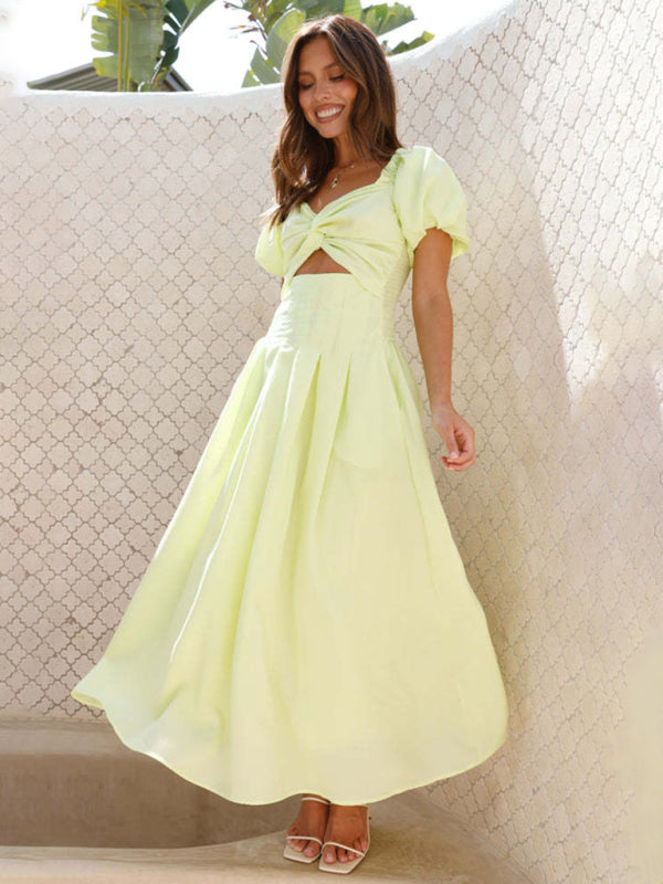 Solid color beach hollow sexy puff sleeve dress